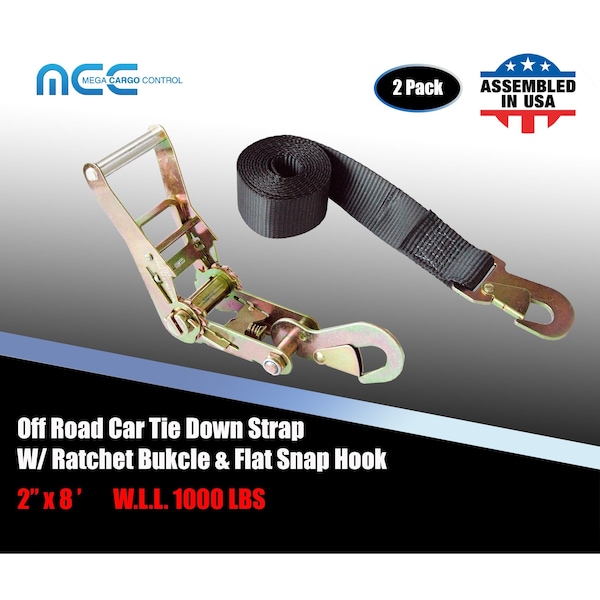 2" x 8' Off-Road Ratchet Tie Down Strap w/Snap Hook Auto Hauler Tow Truck Black, 2PK